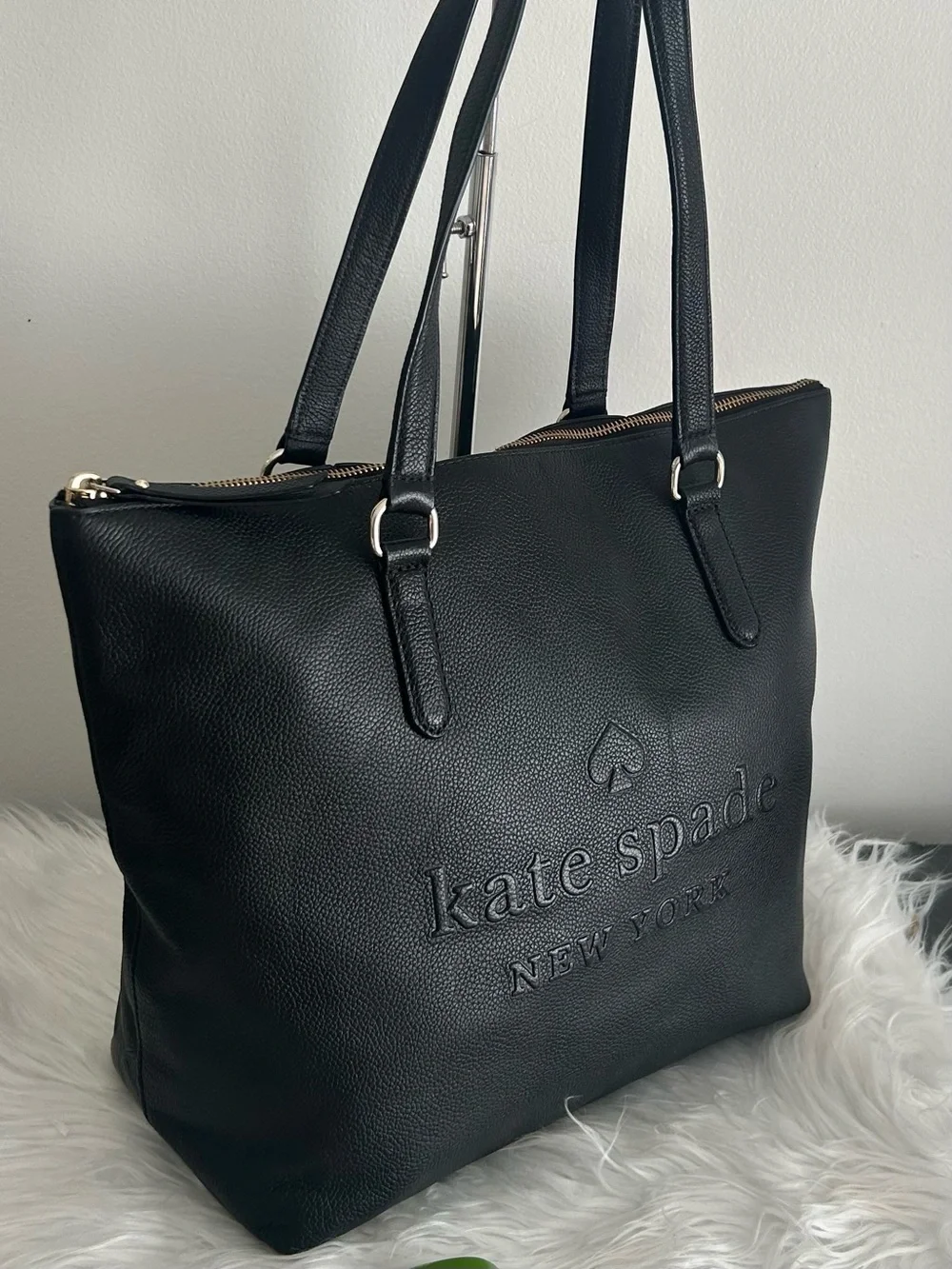 Kate Spade Black Pebbled Leather Zip Top Tote Shoulder Bag Work Laptop